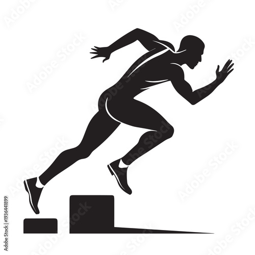 Man running silhouette with athletic build, explosive start from box jump, dynamic motion for speed and power training, sports performance concept, active lifestyle.