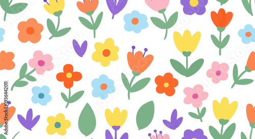 Seamless Pattern of Colorful Hand-Drawn Doodle Flowers and Leaves Vector