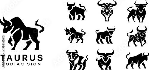 Taurus zodiac sign massive geometric icons, monochrome bull silhouettes for powerful branding