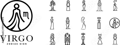 Virgo zodiac sign line art icons set, minimalist woman portrait astrology symbols with modern outline