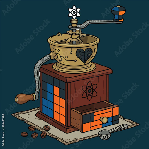 vintage manual coffee grinder 1940s style vector illustration, clean vector lines, minimal shading, isolated objects.eps
