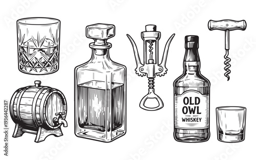 set of whiskey bottle, glasses, barrel, and ingredients engraving vector illustration 