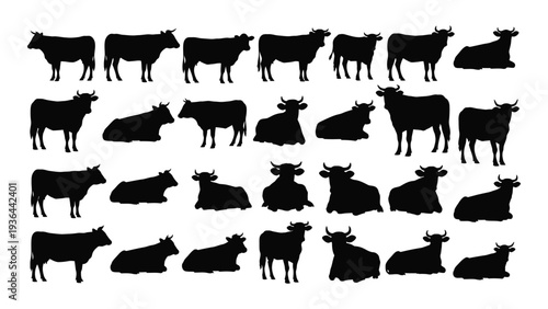 A collection of black silhouettes of cows in various poses