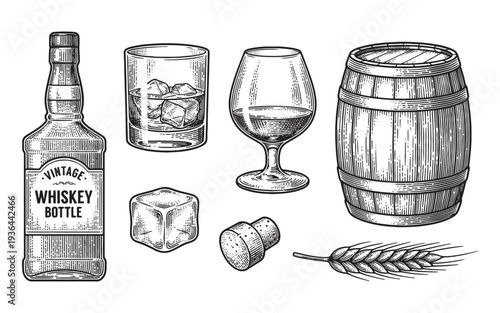 set of whiskey bottle, glasses, barrel, and ingredients engraving vector illustration