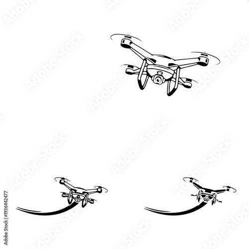 Military drone attack icon, quadcopter with camera and hanging grenade, stencil style vector illustration