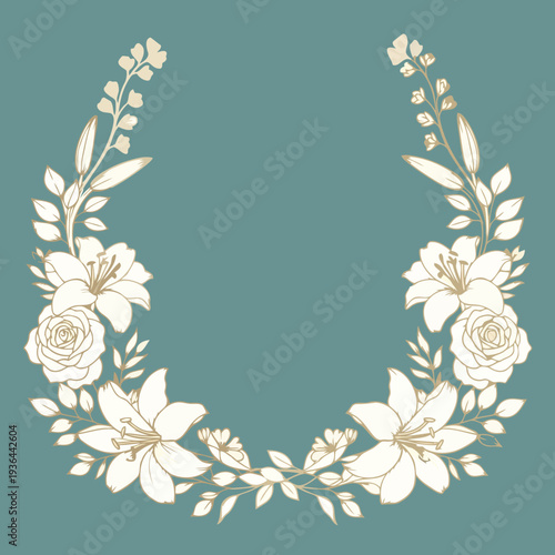 Elegant golden floral wreath with delicate lilies and roses, intertwined foliage, perfect for sophisticated invitations, decorative borders, and refined design projects