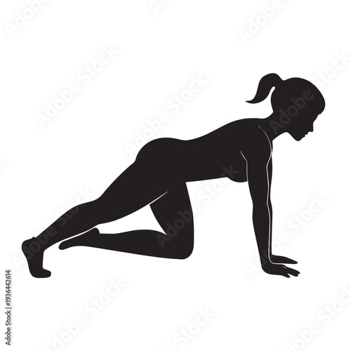 Woman in plank position silhouette with ponytail, crawling movement for core strength and agility training, dynamic exercise for full body engagement, fitness concept.