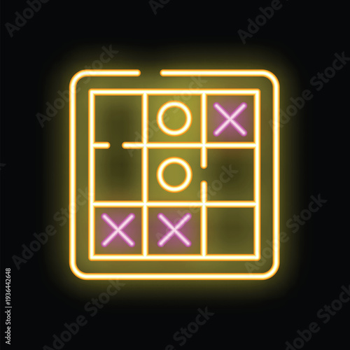 Yellow and pink neon sign showing a tic tac toe game being played