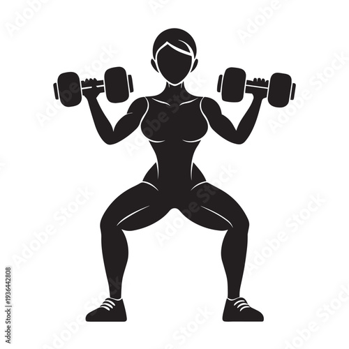 Woman performing dumbbell squats in gym silhouette with muscular body and athletic pose, fitness and strength training concept for healthy lifestyle workout, dynamic action.