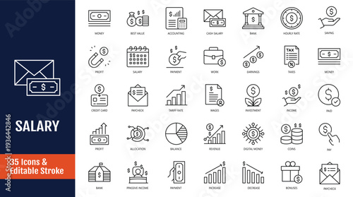 Salary icon set. Icons related to taxes, accounting, cash, and more. Outline icon with Editable stroke. Vector illustration 