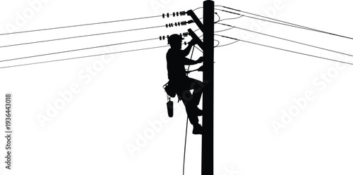 Black silhouette of electrician lineman climbing utility pole to repair power lines, electrical worker maintenance and energy infrastructure concept