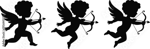 Black Silhouette of Cupid with Bow and Arrow Vector Set, Romantic Valentine Day Angel Icons Isolated on White Background Graphic