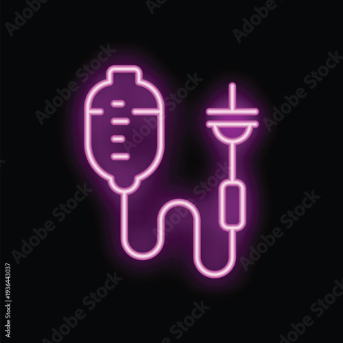 Bright neon pink iv bag transfusion glowing on a black background, perfect for medical concepts
