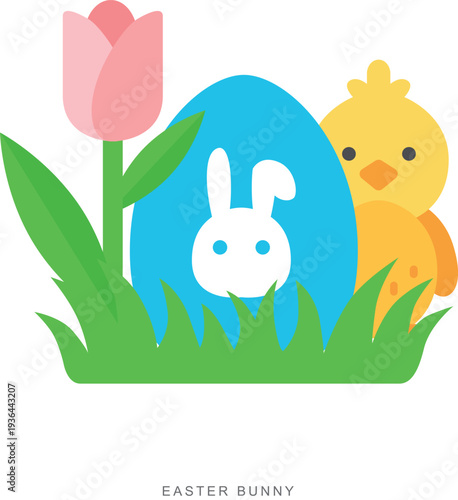 Delightful spring Easter illustration with a chick, bunny egg, and tulip.