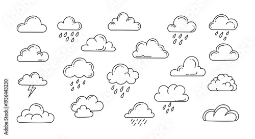 Hand Drawn Weather Cloud Icons Set.