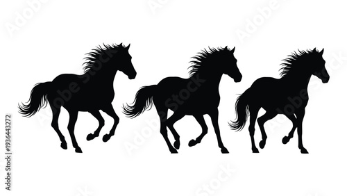 Three black horse silhouettes running side by side