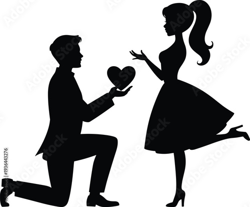 Black silhouette of man kneeling and proposing with a heart to a woman, romantic engagement and valentines day concept