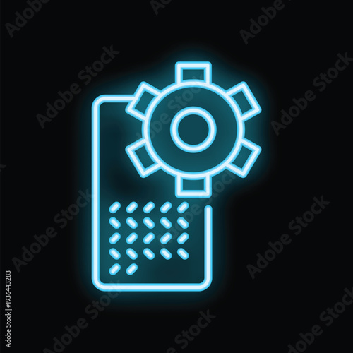 Blue neon icon of a mobile phone being updated with a cogwheel symbolising a software update