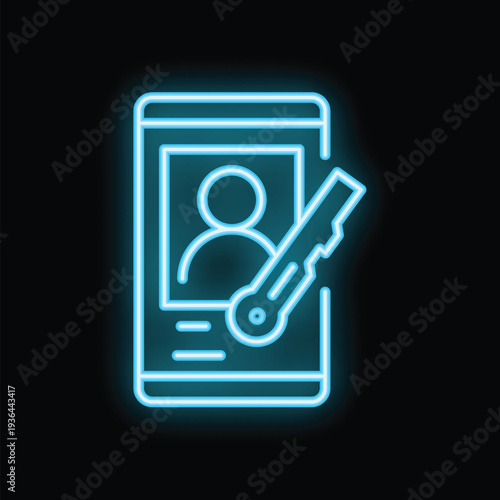 Neon icon representing a smartphone with a user profile being unlocked by a key, symbolizing access and security