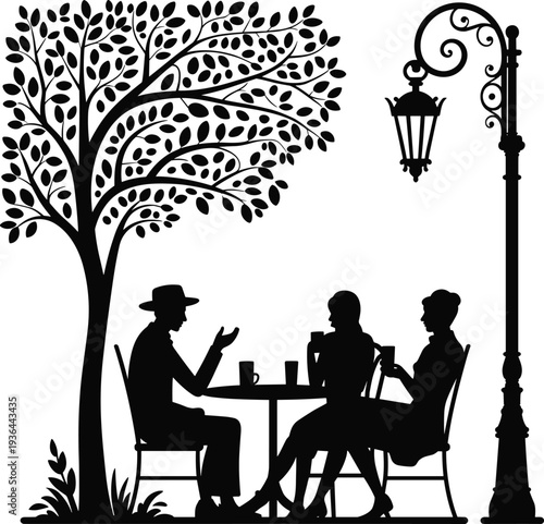 Black silhouette of people sitting at a cafe table under a tree with street lamp, friends drinking coffee and talking together