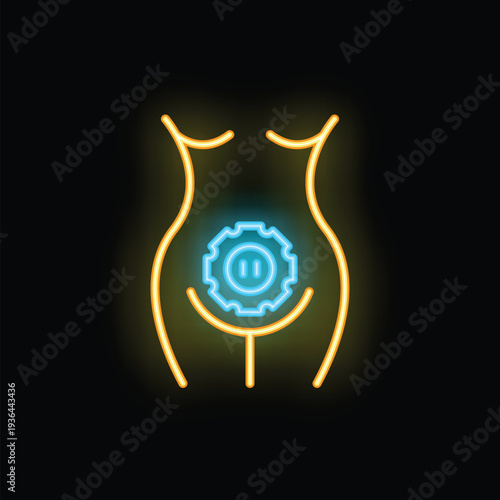 Neon sign illuminating a female body with a blue cogwheel in the abdomen area representing the menstrual cycle