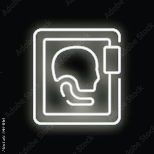White neon sign illuminating a dark room, representing medical imaging with an x ray of a head