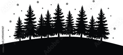 Black silhouette of pine forest on a hill with snowflakes, winter nature landscape and evergreen trees for Christmas season designs