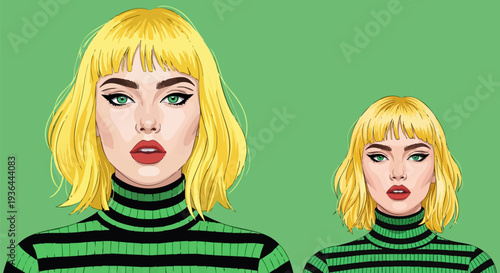 Vector illustration of a woman with blonde bob hair and green striped turtleneck