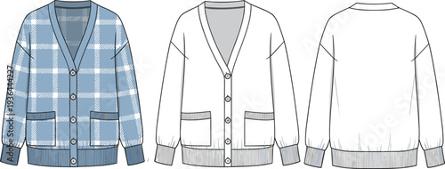 Blue plaid cardigan sweater front and back technical flat fashion illustration, ribbed cuffs hem pockets V‑neckline garment design drawingBlue plaid c