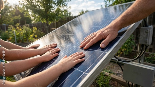 Hands of family touching solar panel outdoors in sunny garden  Earth Day