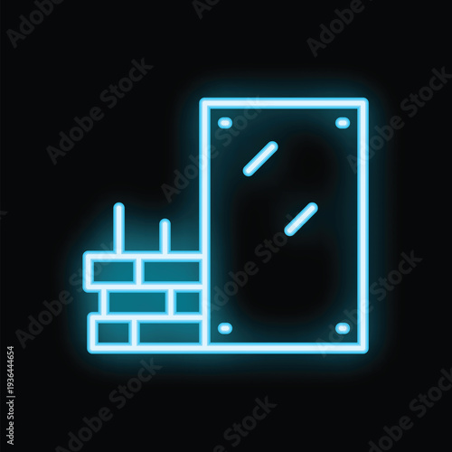 Neon sign in the shape of a house under construction with a brick wall and a window, representing the concept of home building