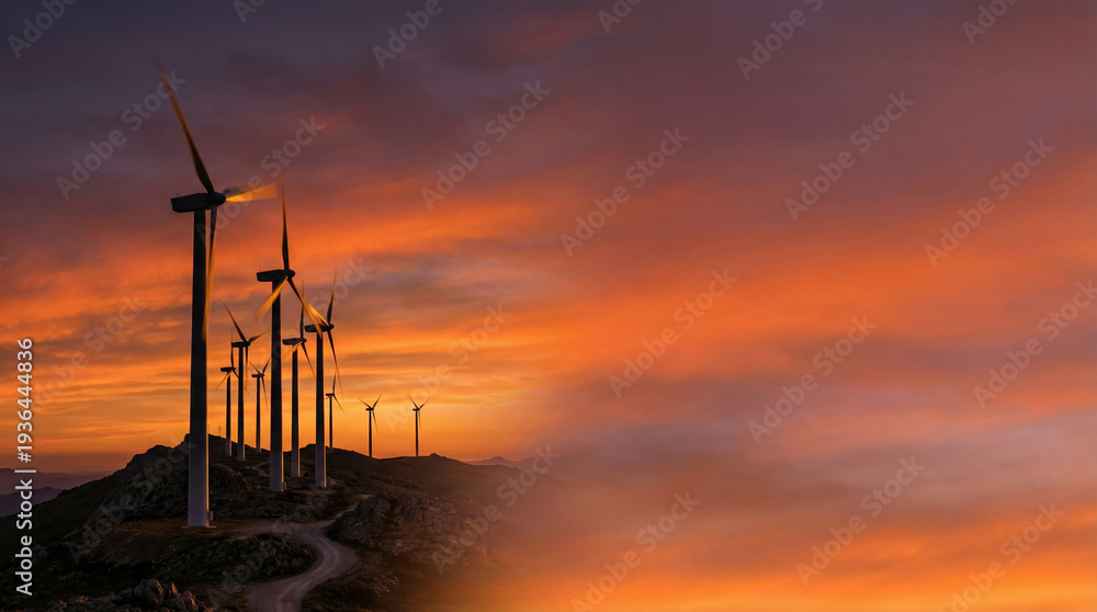 Obraz premium Wind turbines standing on hilltop during sunset with colorful sky Earth Day