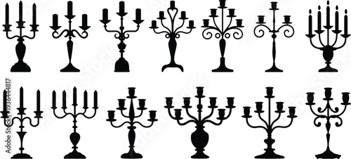 Black silhouette set of elegant vintage candelabras and antique candle holders, decorative candelabrum collection for wedding and home decor