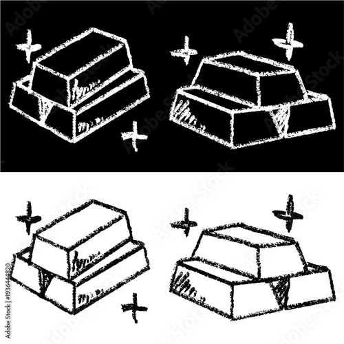 Chalk drawing gold bar set editable vector for history lessons. Ideal for symbolizing vintage treasure, classic wealth studies, and chalkboard resources.