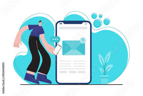 Flat illustration showing a man receiving a new email notification on a smartphone. Concept of mobile messaging, inbox alert, digital communication, and modern technology.