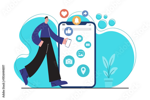 Flat illustration of a man interacting with a smartphone surrounded by social media and mobile application icons such as chat, email, camera, location and notifications.