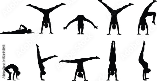 Black silhouette set of gymnasts performing handstands and acrobatics, athletic women in various gymnastics poses isolated on white background