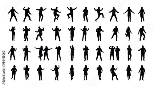 A collection of 36 different black human silhouettes in various poses