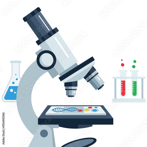 Microscope and test tubes in a science laboratory, DNA and samples on slide