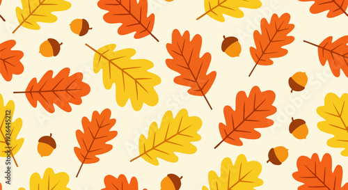 Autumn Oak Leaves and Acorns Seamless Pattern Vector