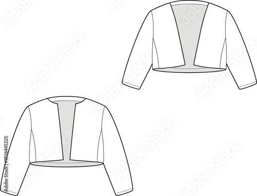 Cropped Bolero Jacket Open Front Fashion Illustration, Round Neck Long Sleeve Shrug Bolero, Short Cardigan Technical Sketch Line Art Vector Template