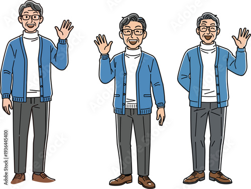Happy elderly man character vector set wearing blue cardigan and glasses waving hello with friendly smiling facial expressions