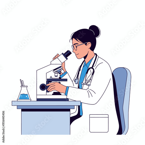 Female scientist looking through a microscope in a lab, conducting research