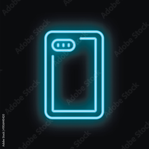 Blue neon sign depicting a smartphone with the camera lens visible on a black background
