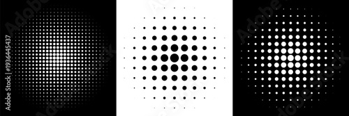 Set of halftone dots gradient pattern texture isolated on white background. Straight dotted spots using halftone circle dot raster texture. Vector blot half tone collection.