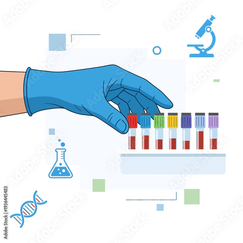 Hand in blue glove holding blood sample tube, medical lab equipment, DNA, microscope