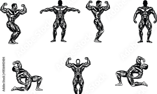 Muscular bodybuilding male athlete character poses vector set showing black and white aesthetic silhouette of strong fitness muscles
