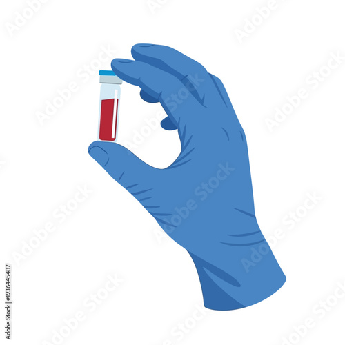 Hand in blue glove holding blood sample vial, medical research and science concept