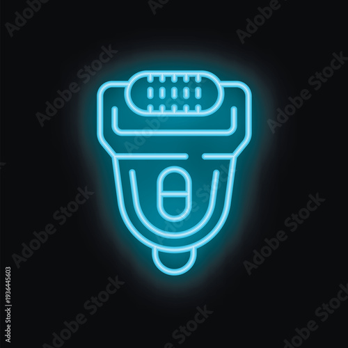 Bright blue neon electric shaver icon glowing on dark background