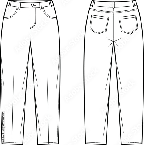 Flat, technical, fashion, sketch, of, women, high, waisted, denim, jeans, front, and, back, view, template, outline, clothing, design, vector, illustration